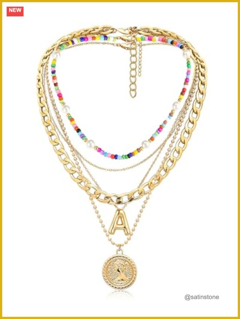 Layered Necklace Set Gold Plated Brass Balloon Initial Coin Pendant Beaded